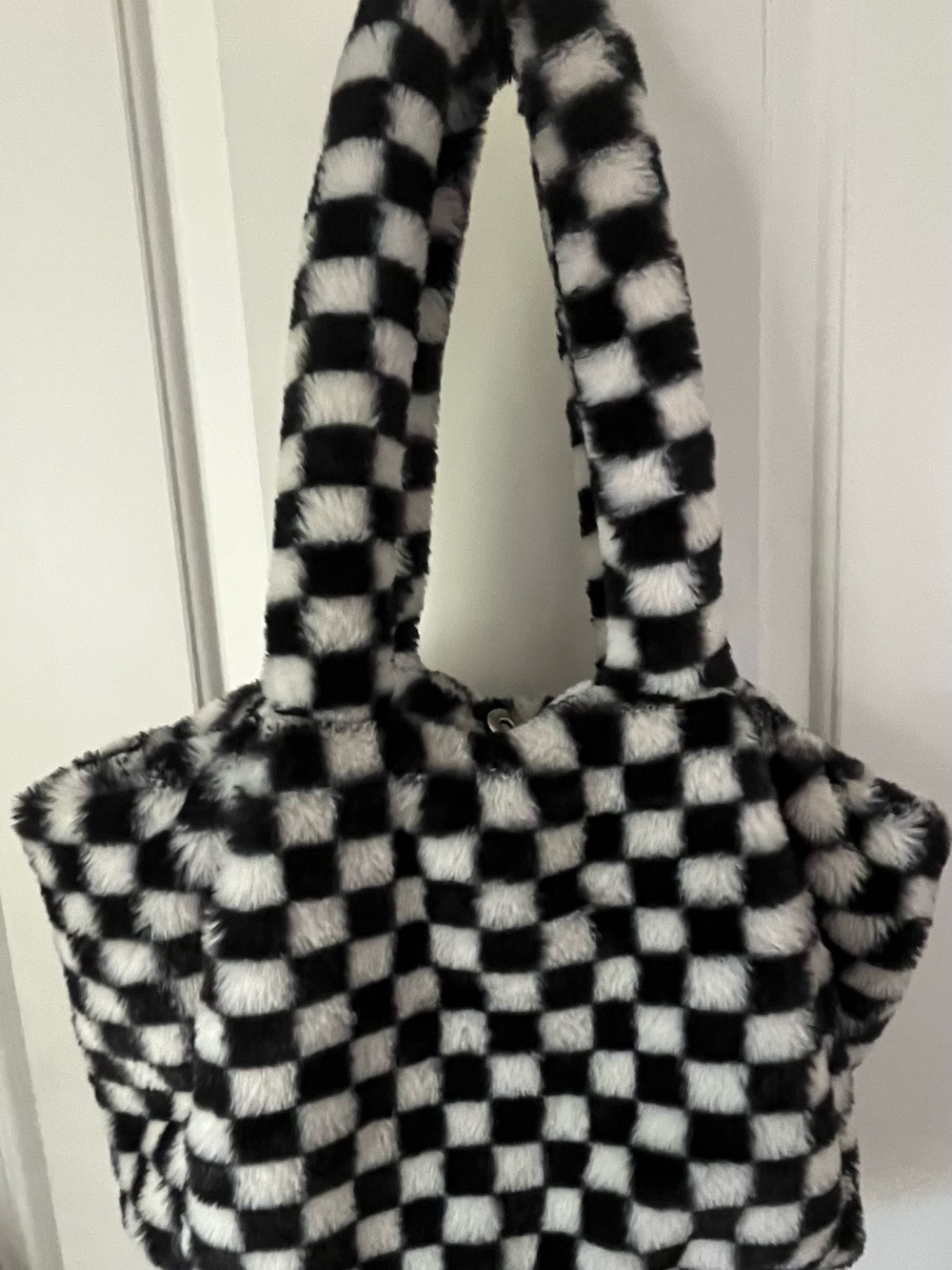Checkerboard Faux Fur Tote Bag - Black & White